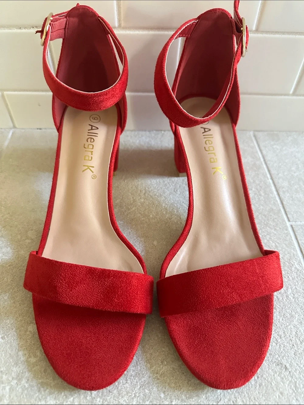 Allegra K Red Faux Suede Ankle-Strap Block Heel Sandals